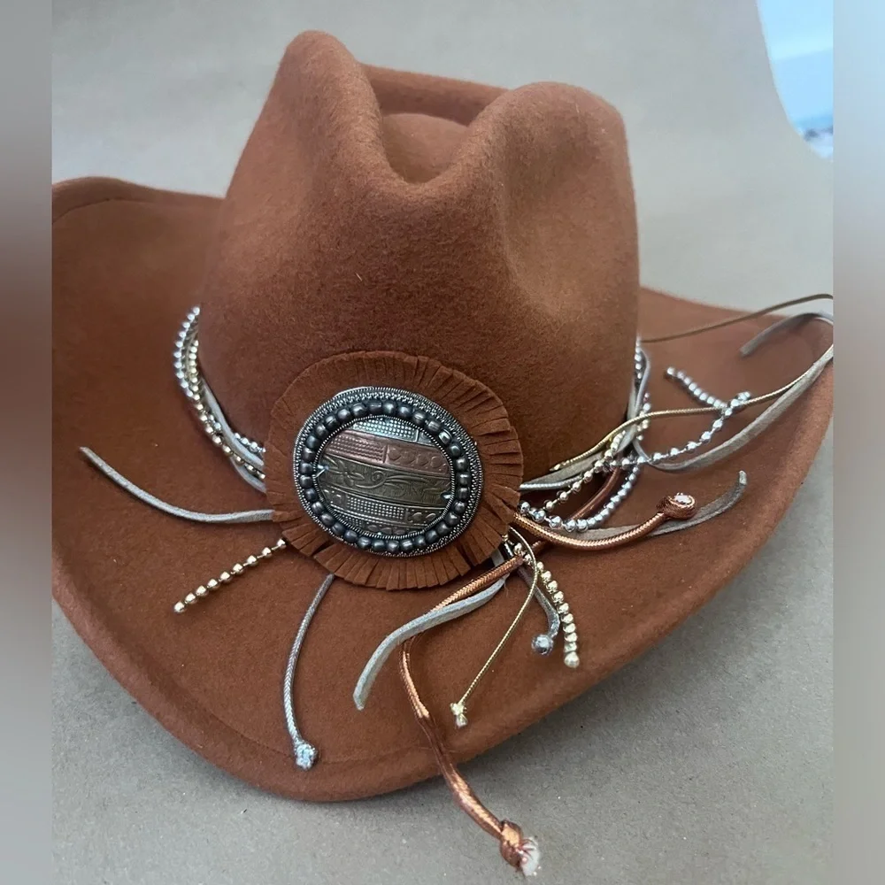 Sonni Rustic Brown With Medallion Detail 100% Wool Felt Cowboy Hat Western Hat